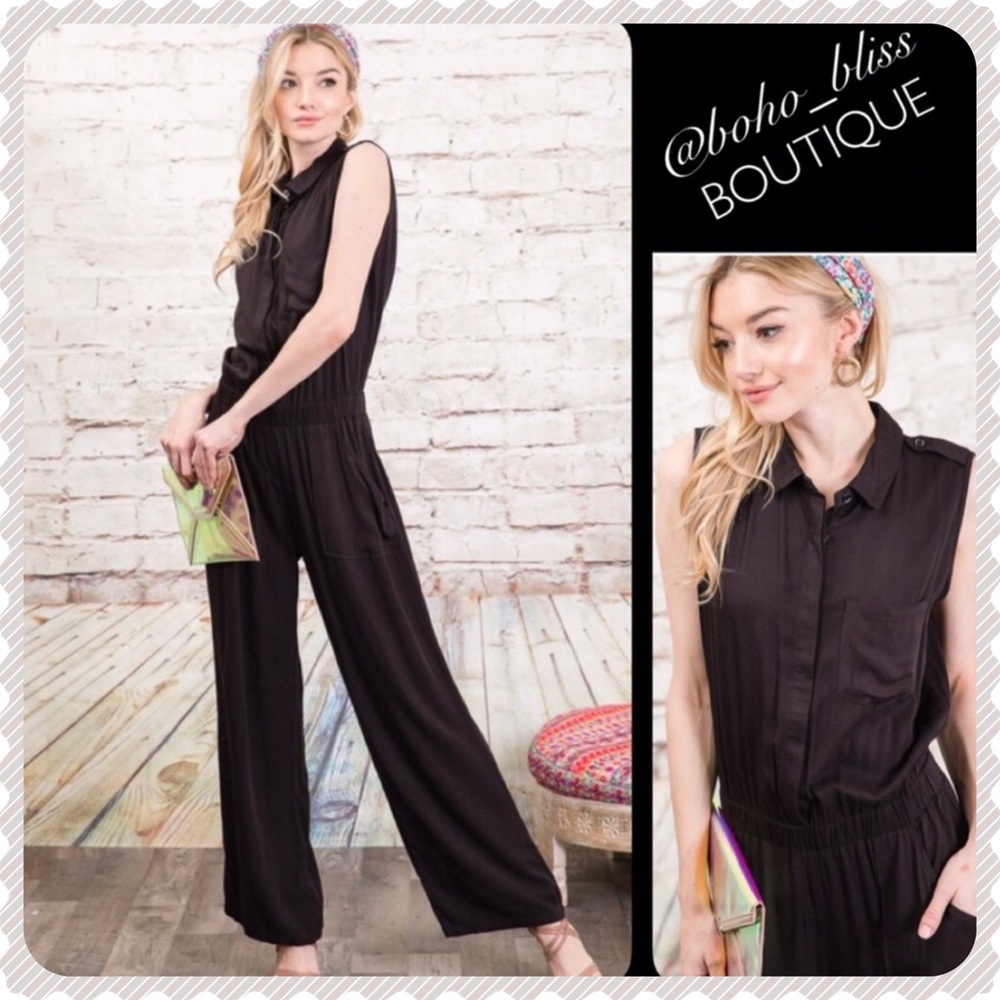 Sleeveless Black Collared Black Button Front Jumpsuit NWT